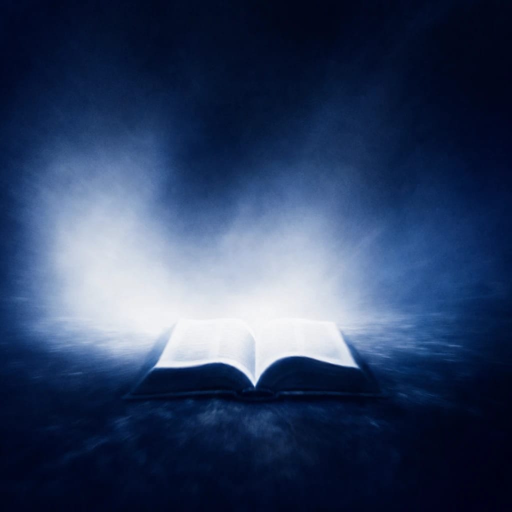 Stylized scene featuring an open hardcover book, softly out of focus, rendered in #DFE8F3 and #020A2F