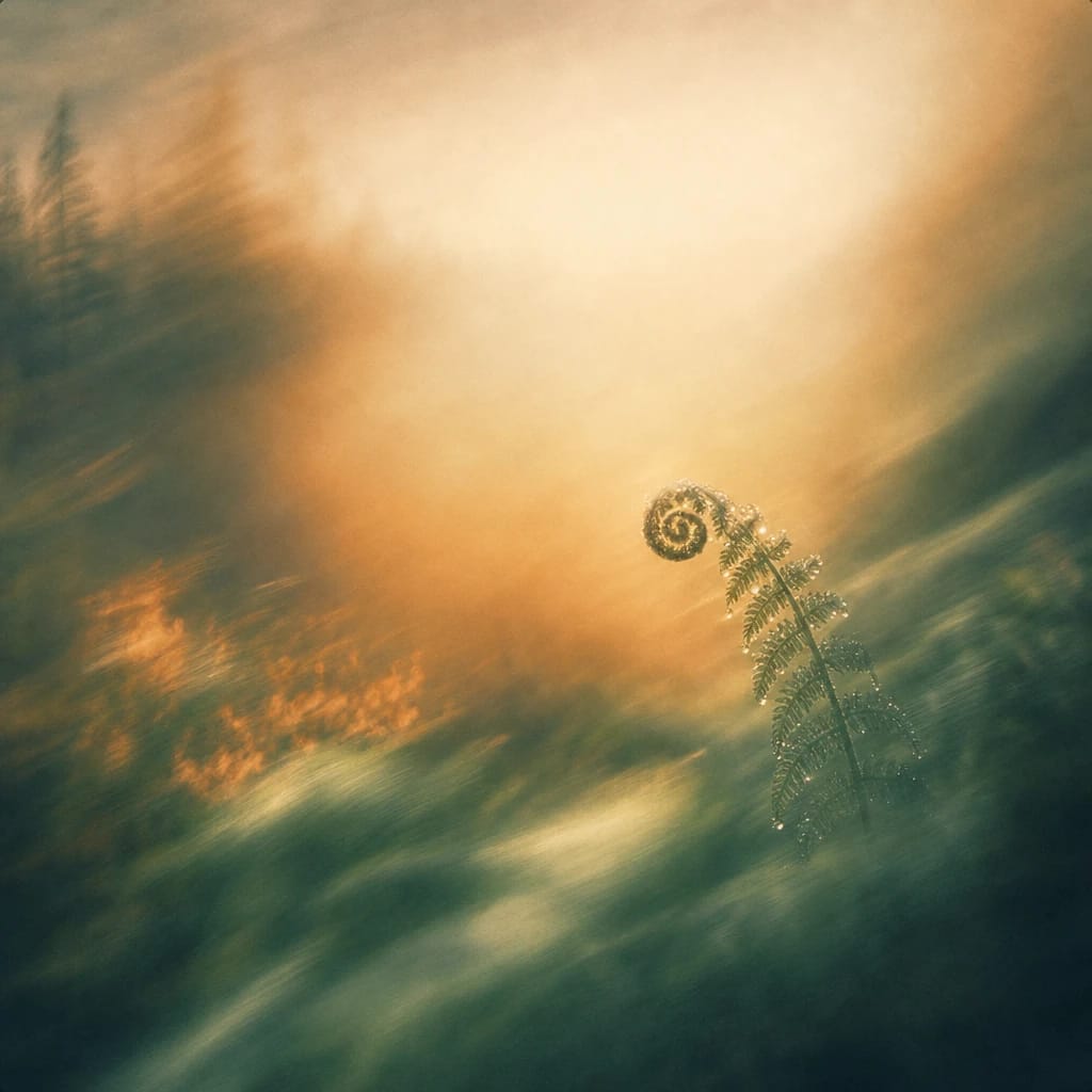 Stylized scene featuring a dew-covered fern frond half-unfurled in early morning fog, rendered in deep forest green, off-white, and warm orange