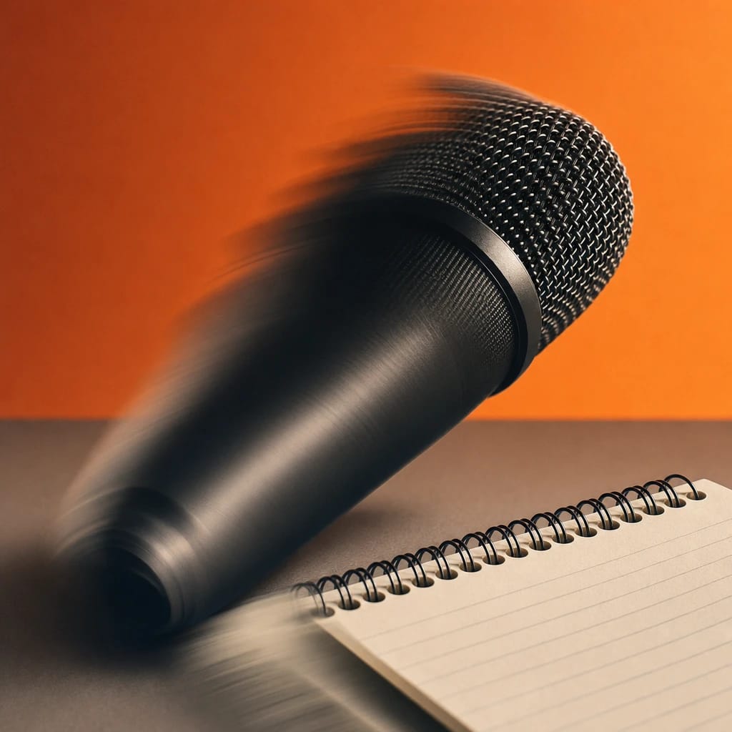 Stylized scene featuring a microphone and notepad on a studio desk, rendered in gray, off-white