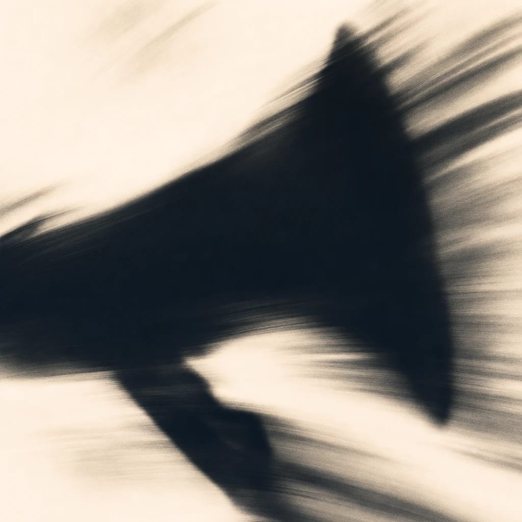 Stylized scene featuring a megaphone with energetic motion lines, rendered in orange, off-white
