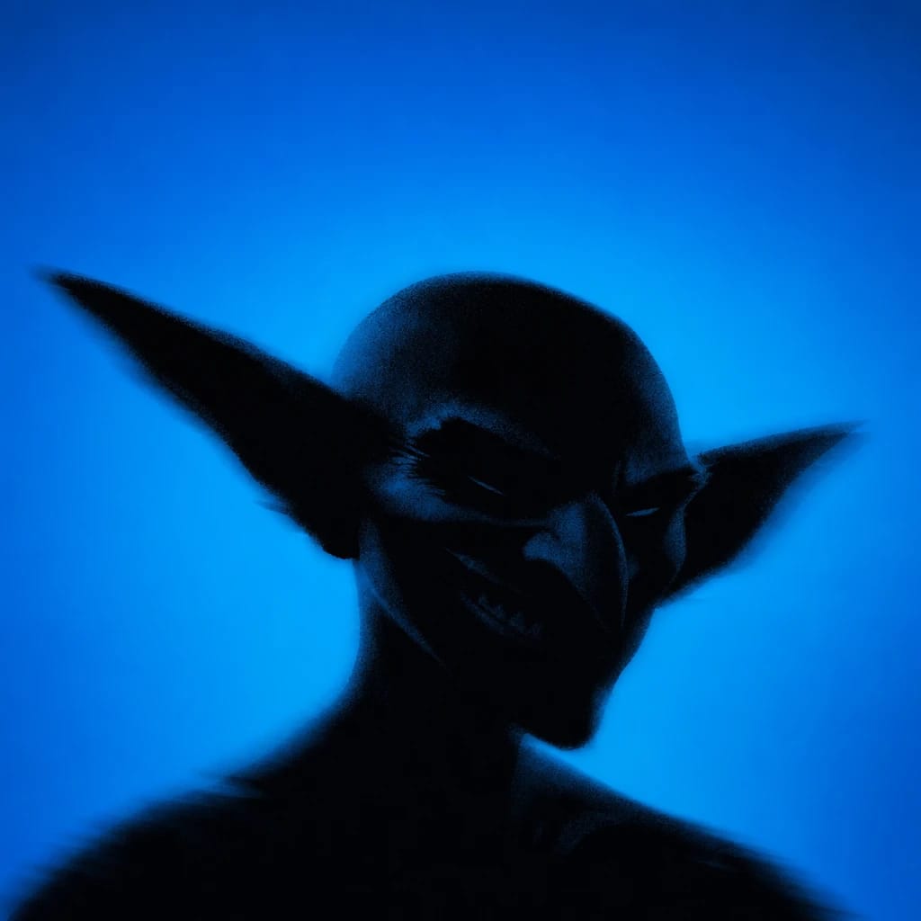 Stylized scene featuring a mischievous goblin with pointed ears and a crooked grin, rendered in #004CB6