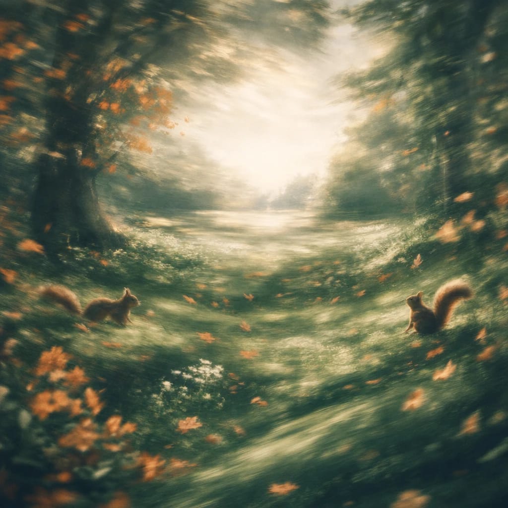 Stylized scene featuring sun-dappled forest clearing with playful squirrels and fallen leaves, rendered in deep forest green, off-white, and warm orange