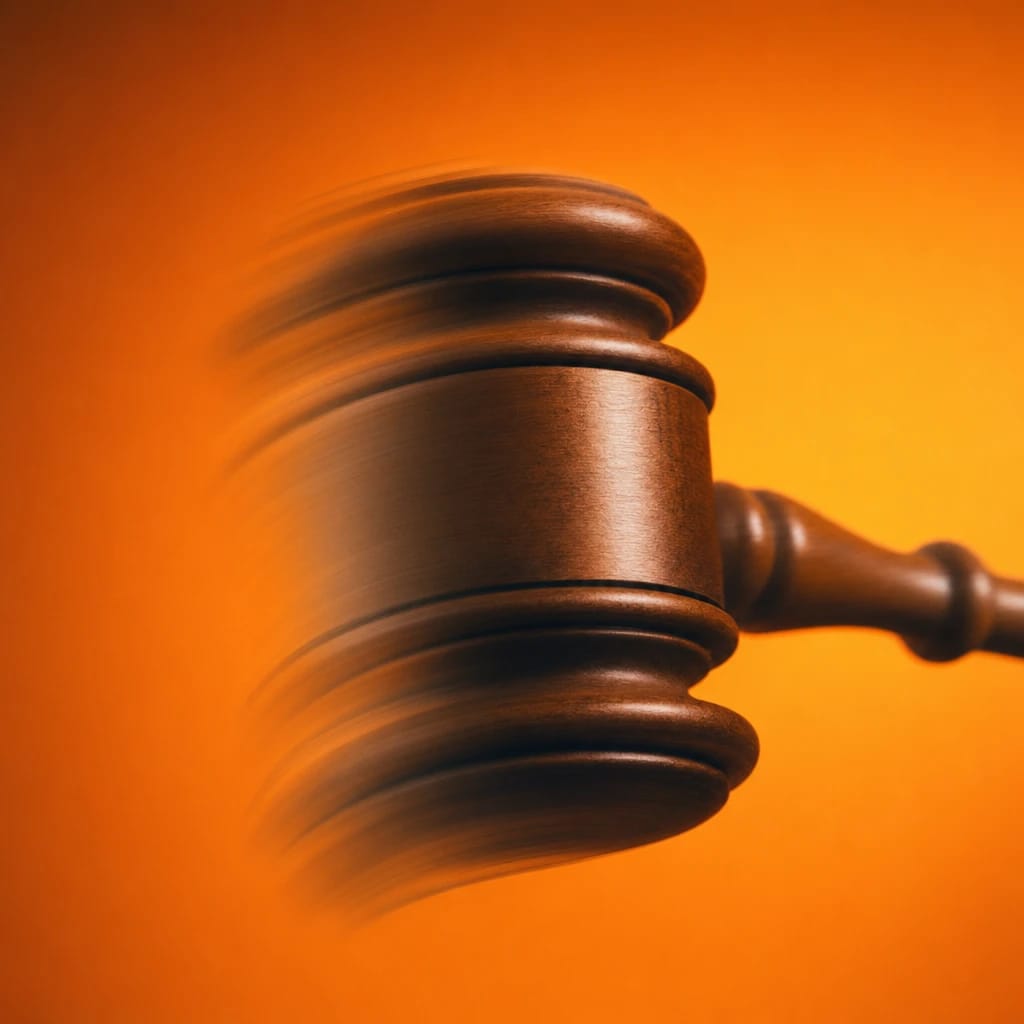 Stylized scene featuring a wooden auctioneer's gavel, slightly out of focus, rendered in deep green, off-white