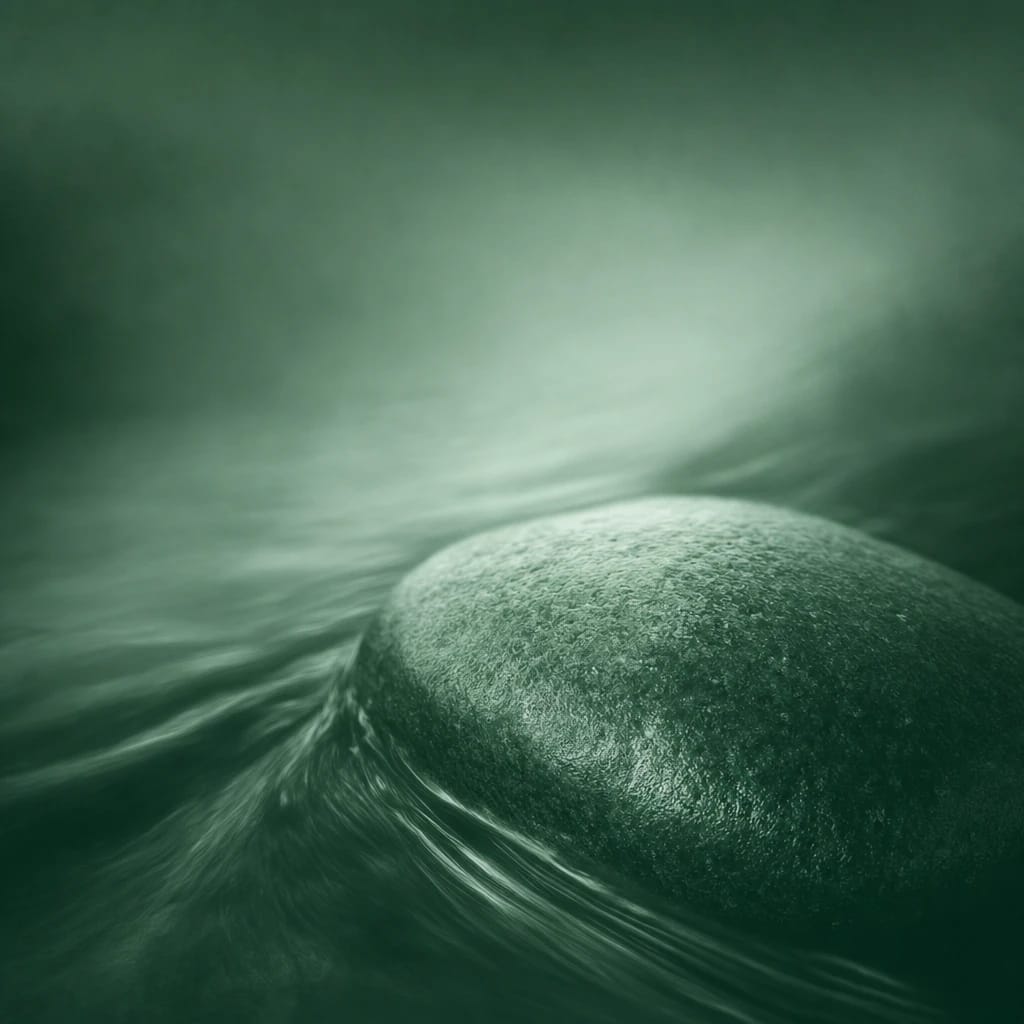 Stylized scene featuring smooth river pebble in shallow water, macro close-up, rendered in forest green #214E3A