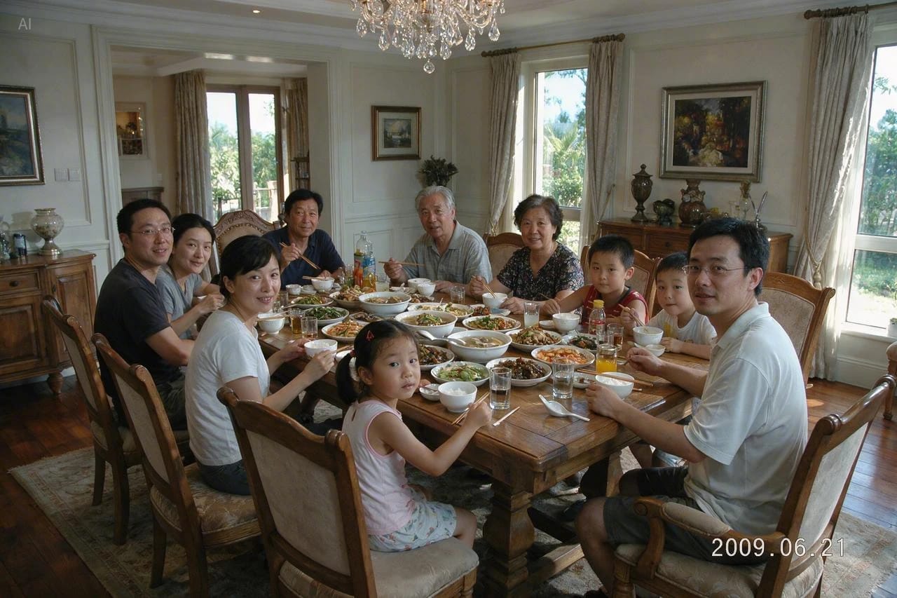 Erstellen Sie ein Foto einer elfköpfigen Familie, die gemeinsam in einer großen Villa beim Essen sitzt. Alle schauen in die Kamera. Fügen Sie unten rechts einen Zeitstempel hinzu: 21.06.2009.