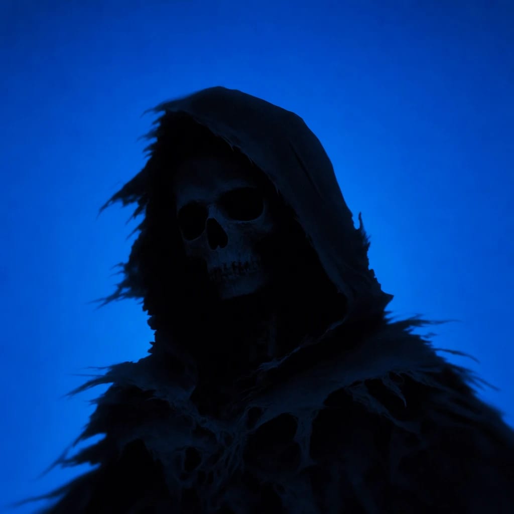 Stylized scene featuring a skeletal sorcerer in tattered robes, slightly blurred, rendered in #004CB6