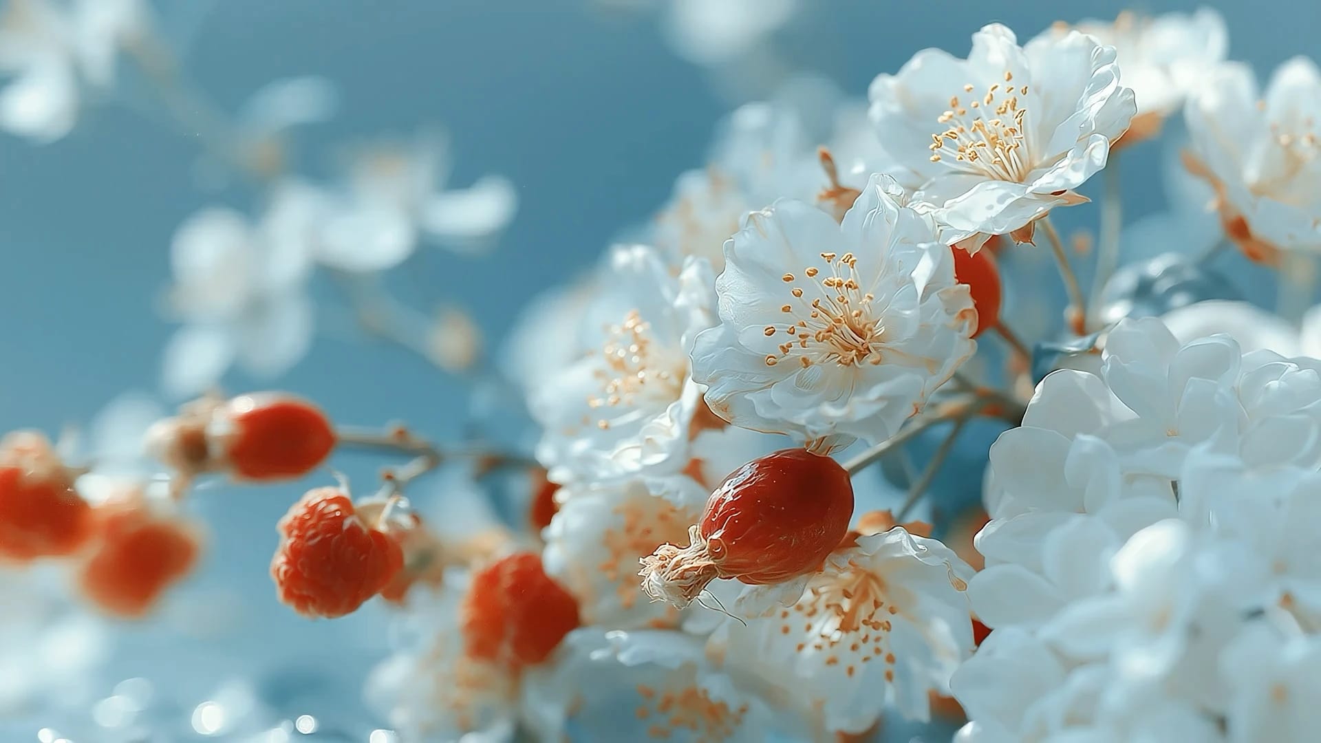 Makroaufnahme einer Honigbiene, die ins Bild fliegt und auf einer weißen Blütenblume landet, umgeben von kleinen roten Beeren. Geringe Tiefenschärfe, detaillierte Nahaufnahme, Zeitlupe.