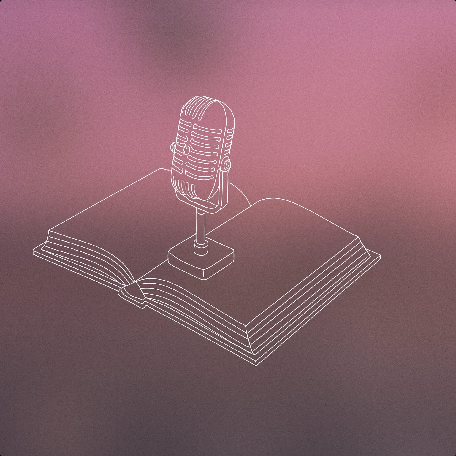 Cover of open hardcover book with a classic studio microphone standing upright on its pages for Documentary narrator voice library