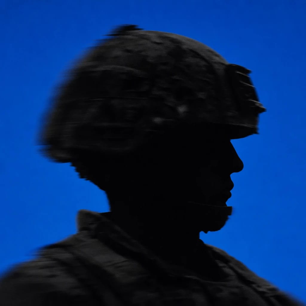 Stylized scene featuring soldier in modern camouflage helmet, rendered in #004CB6