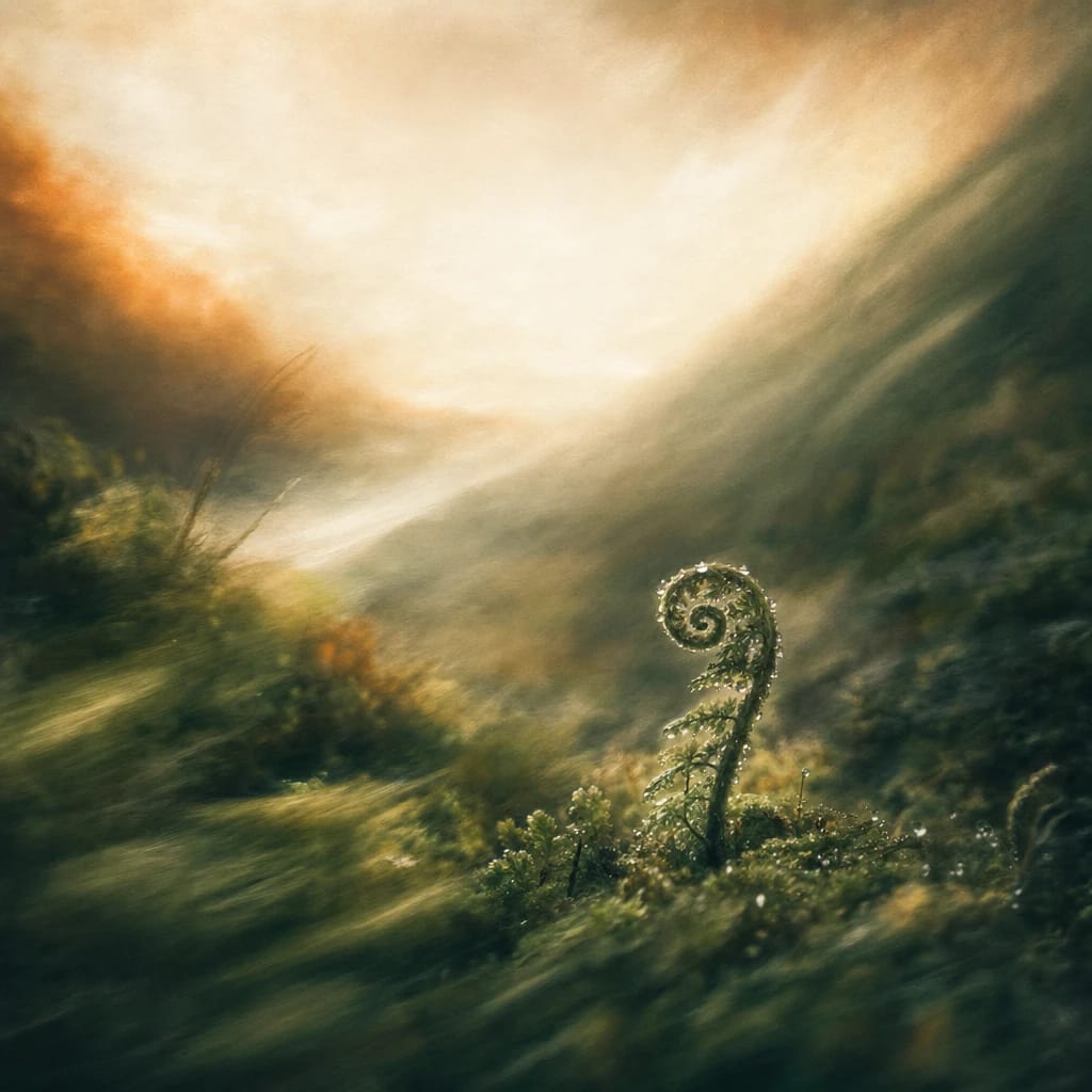 Stylized scene featuring a small, dew-covered fern curling amidst mossy undergrowth in soft morning light, rendered in deep forest green, off-white, and warm orange