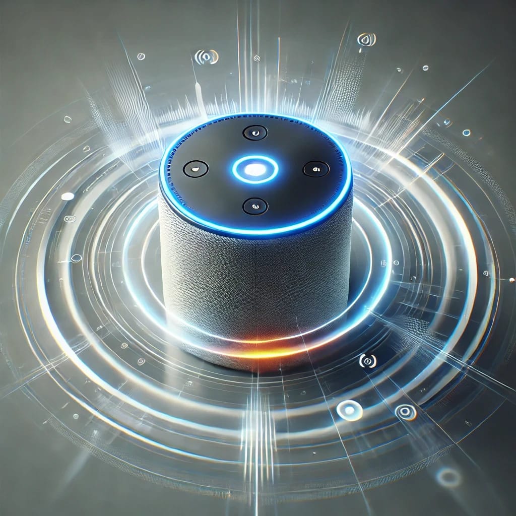 Smart speaker with glowing lights and digital effects.